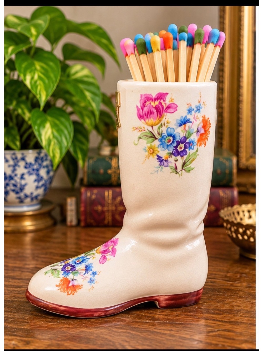 Vintage Ceramic Boot Match Holder with Hand-Painted Floral Design by E&R Artware
